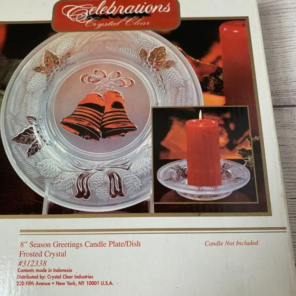 Vintage Celebrations Crystal Clear Frosted Plate Season Greetings Candle Dish 8
